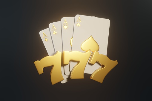Set of cards and three sevens on a dark background. 3d rendering illustration