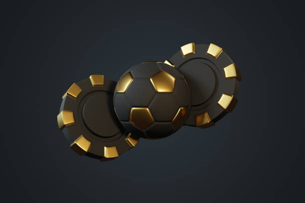 istock Poker chip and soccer balls on a dark background 1487750996