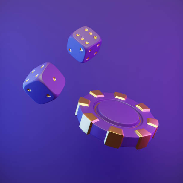 istock Flying casino chip and dices on bright, violet, neon background 1487751061