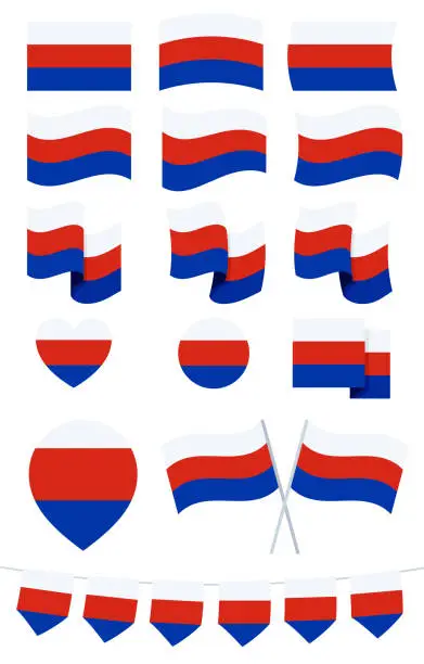 Vector illustration of Russia flag. Russia flag on the rope on white background. Set of Patriotic bunting flags.