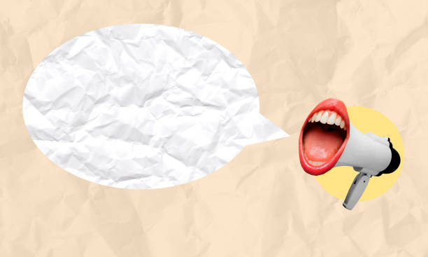 istock female mouth screaming with a megaphone in the background. Modern design, modern creative art collage. 1487753681