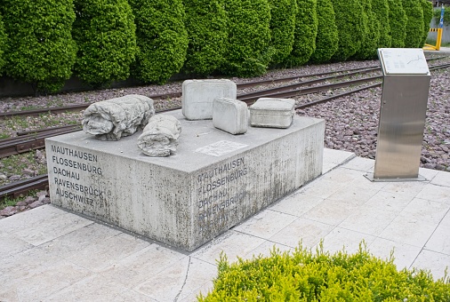 Bolzano, ItaIy - Apr 28, 2023: This memorial commemorates the victims of transit camp Bolzano (Polizei und Durchgangslager Bozen), which was operated from 1944 ot 1945. Selective focus