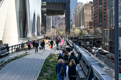 New York City, United States, April 9, 2023 - The High Line Park Manhattan New York City. The High Line Park is a disused elevated train track in the middle of Manhattan, stretching from the Meatpacking District to Hudson Yards.