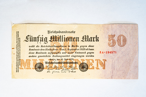 Germany, May 2023: Banknote worth 50 million marks originating from Germany from the time of hyperinflation in the 20s of the last century.