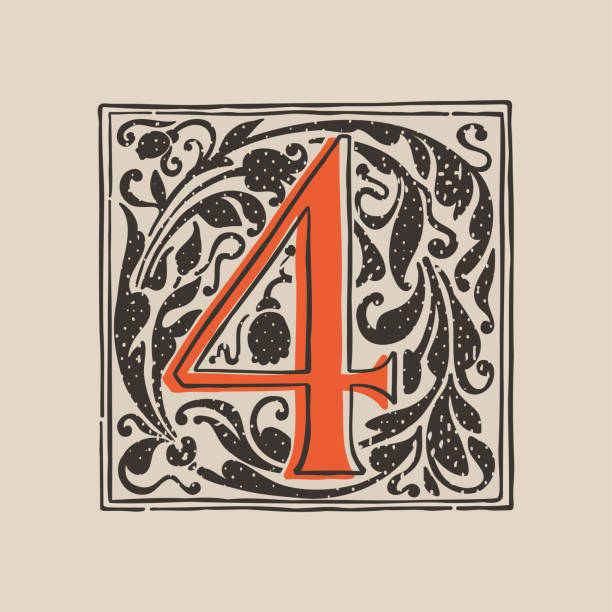 Number four drop cap logo in medieval engraving style. Blackletter square initial. Illuminated dark-age emblem with lush foliage and tulips. Perfect for vintage identity, gothic, luxury packaging. 4 letter monogram stock illustrations