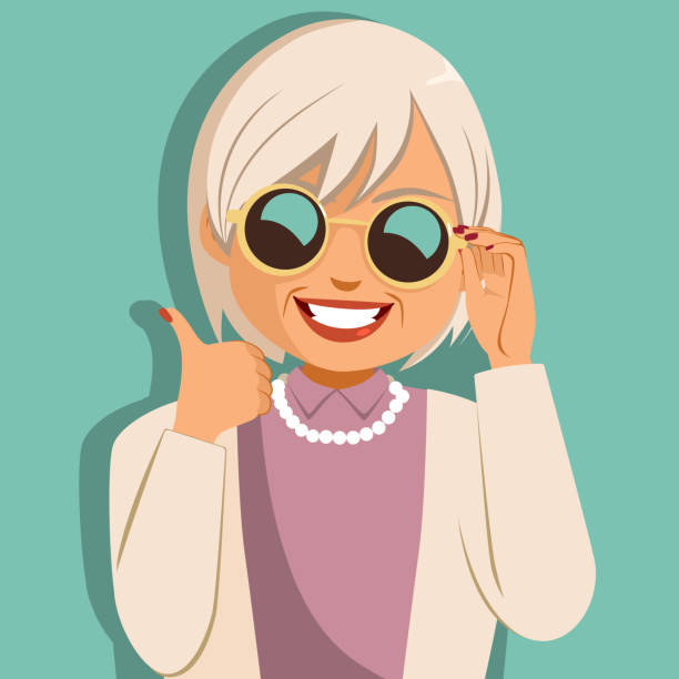 Cheerful Old Woman Sunglasses Funny cheerful old woman holding sunglasses making thumbs up hand gesture cartoon of the old lady sunglasses stock illustrations