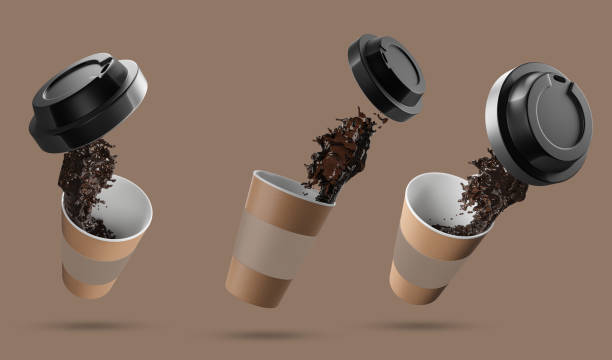 istock Drink take-away cup template with a dynamic splash of liquid from the inside and a lid flying away. A mockup for a coffee cup or other drinks 1487758351