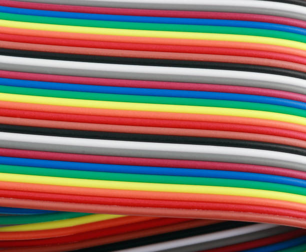 many wire ribbon cable at dry sunny day stock photo