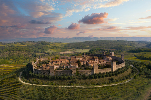 aerial view of the medieval town of monteriggioni tuscany