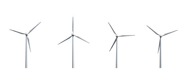 istock Four wind turbines isolated on white background 1487762658