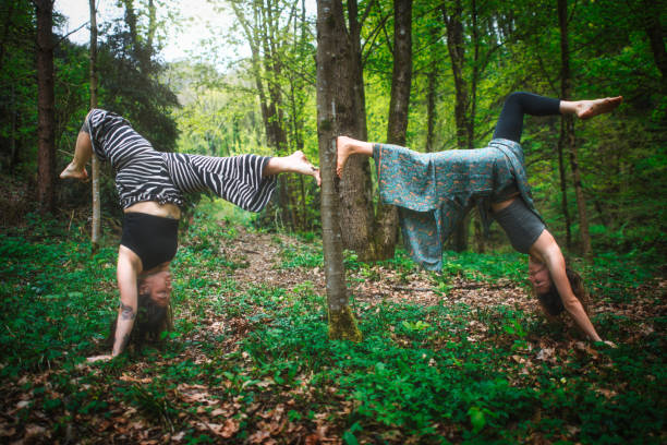 istock Acrobatic yoga practiced by young female couple 1487765830