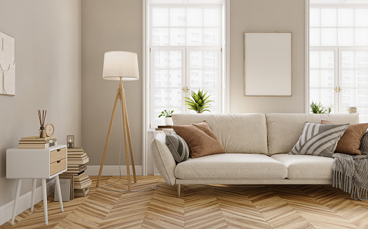 El diseño interior de la sala de estar luminosa con ventanas y paredes beige está amueblado con sofá moderno, aparador, lámpara de pie y otros elementos decorativos, representación 3D photo