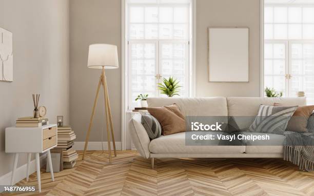 Bright Living Room Interior Design With Windows And Beige Walls Is Furnished With Modern Sofa Sideboard Floor Lamp And Other Decorative Elements 3d Rendering Stock Photo - Download Image Now