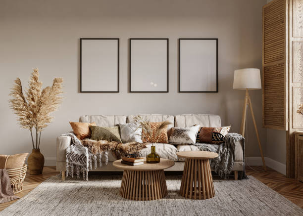 istock Modern living room interior background with wood window, cozy sofa and mockup frames, 3d rendering 1487767003
