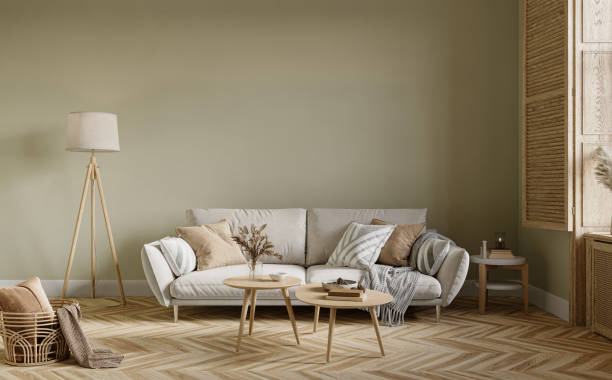 istock Modern living room interior with cozy sofa on empty wall background, 3d rendering 1487767004