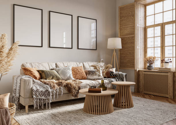 istock Modern living room interior background with wood window, cozy sofa and mockup frames, 3d rendering 1487767037