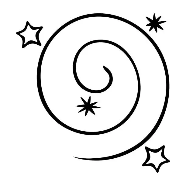 Vector illustration of Magic dust. The circle is twisted into a spiral.  Decoration of stars and snowflakes. Doodle style.