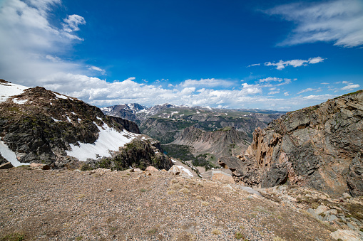 View from the Beartooth highway in Montana, in western USA of North America.. Nearest cities are Denver, Colorado, Salt Lake City, Jackson, Wyoming, Gardiner, Cooke City, Bozeman, and Billings, Montana, North America.