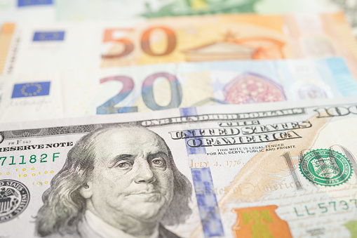 Euro and US dollar banknote cash money, finance economic banking business exchange market concept.