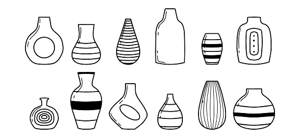 Set of modern vases. Vases for flowers. Doodle style. Home decor collection. Vector illustration.