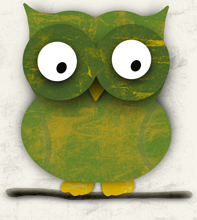 Green wooden owl perched on a branch, piercing eyes, intricate details, a captivating and natural piece of art.