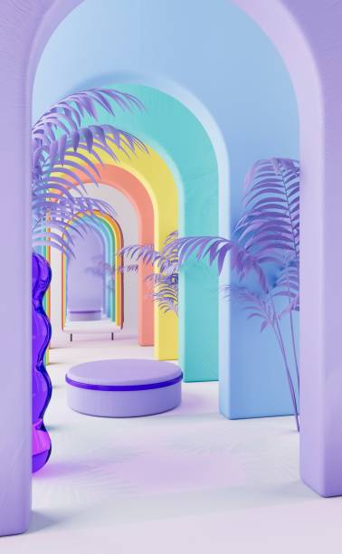 istock 3D rendering of a colorful hallway with multiple arches contrasting multicolored decorative accents 1487771544