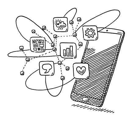 Hand-drawn vector drawing of a Smart Phone App Icons Network. Black-and-White sketch on a transparent background (.eps-file). Included files are EPS (v10) and Hi-Res JPG.