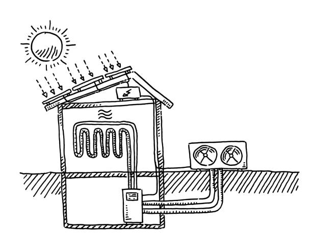 querschnitt gebäude wärmepumpe zeichnung - wärmepumpe stock-grafiken, -clipart, -cartoons und -symbole