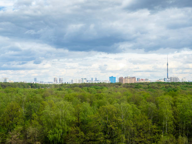 istock rainy clouds over green forest and city in spring 1487775595