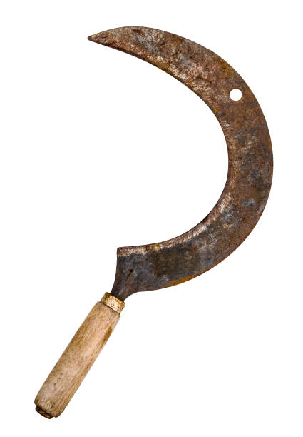 istock old rusty sickle with wooden handle cutout 1487775605
