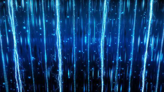 Neon lights with an electric lightning energy effect, set against a background of particles and speed lines.