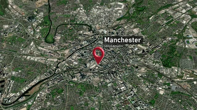 Manchester City Map Zoom from Space to Earth, England, UK