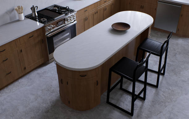istock Spacious wooden kitchen with white marble. 3d rendering. Kitchen with rounded island and black wooden bar stools. Kitchen with appliances and utensils. 1487779067