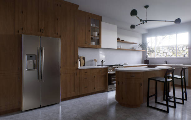 istock Spacious wooden kitchen with white marble. 3d rendering. Kitchen with rounded island and black wooden bar stools. Kitchen with appliances and utensils. 1487779070