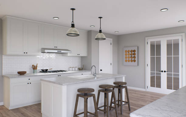 istock Large white kitchen with island and all necessary appliances. 3d rendering. Wooden bar stools, chandelier above the island, large tall cabinets. 1487779082