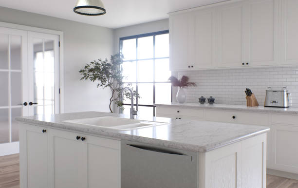 istock Large white kitchen with island and all necessary appliances. 3d rendering. The accent is on the stone top with white marble, the washer is located on the island. 1487779087
