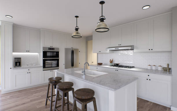 istock Large white kitchen with island and all necessary appliances. 3d rendering. Wooden bar stools, chandelier above the island, large tall cabinets. 1487779130
