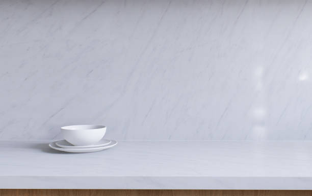 Spacious wooden kitchen with white marble. 3d rendering. A clean kitchen surface, appliances and kitchen utensils in the background.