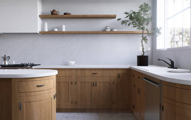 istock Spacious wooden kitchen with white marble. 3d rendering. A two-door chrome-plated refrigerator in the kitchen between the kitchen cabinets. 1487779143