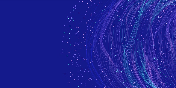 Background for a presentation on big data. Lots of dots and fibers on a blue background. Copy space