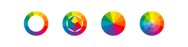 ilustrações, clipart, desenhos animados e ícones de conjunto de rodas de cores. espectro circular multicolorido rgb e cmyk. ilustração vetorial isolada - imagem tonalizada