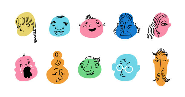 istock Collection of colorful modern style fun faces, characters and avatars. Hand drawn vector illustrations 1487780878