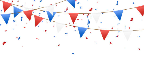 istock King coronation background. Flying red silver and blue confetti with flags. Independence day United States. 4th of July greeting card. Celebration banner. Holiday frame. Vector illustration 1487782652
