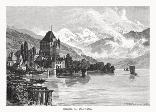 istock Oberhofen Castle, Bern Canton, Switzerland, wood engraving, published in 1877 1487784054