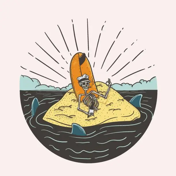 Vector illustration of Surfer with surfboard on the island. Vector illustration in retro style