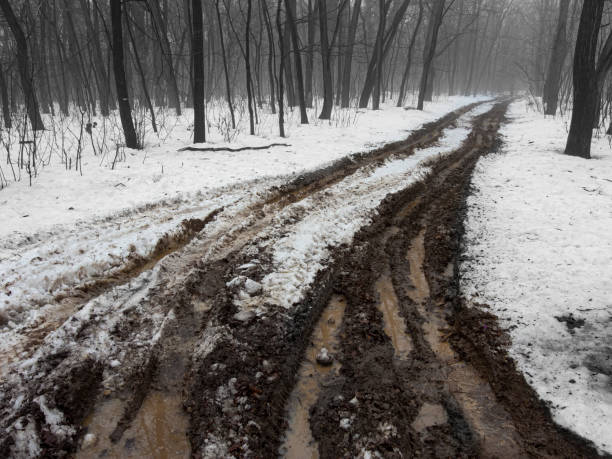 Deep car tracks at the dirt road. Spring mud and puddles