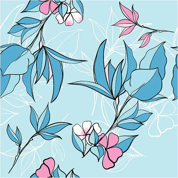 Vector illustration of Seamless pattern of pink and blue flowers. Бесшовный узор из розово-голубых цветов.