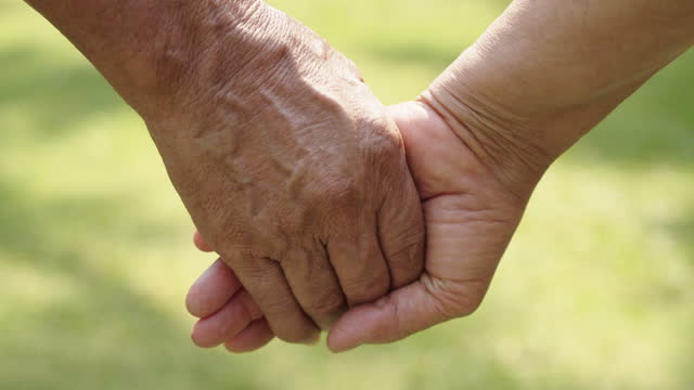 Senior couple holding hands at park