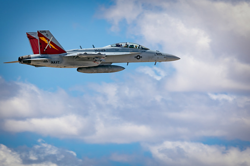 Tucson, Arizona, USA - March 24, 2023: A EA-18G Growler in the skies over the 2023 Thunder and Lightning Over Arizona airshow.