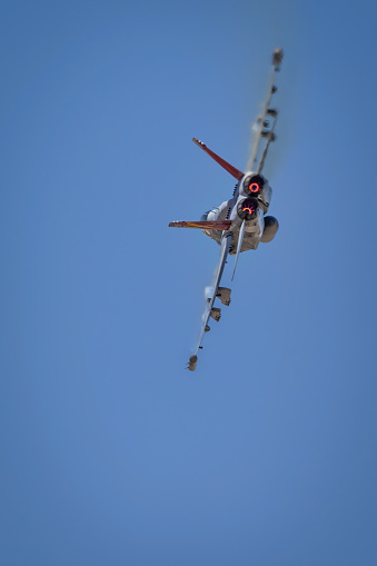 Tucson, Arizona, USA - March 25, 2023: An EA-18G Growler demonstration at the 2023 Thunder and Lightning Over Arizona airshow.